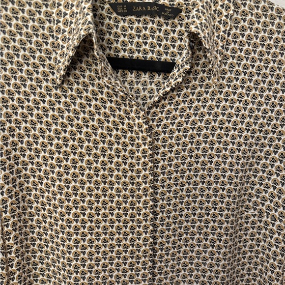 Zara Patterned Button Up Shirt Black Gold Tan White - Picture 5 of 6